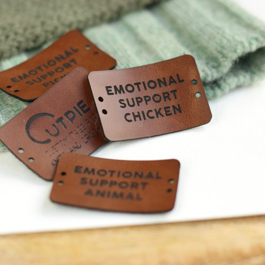 Faux leather tag for Emotional Support Chicken amigurumi