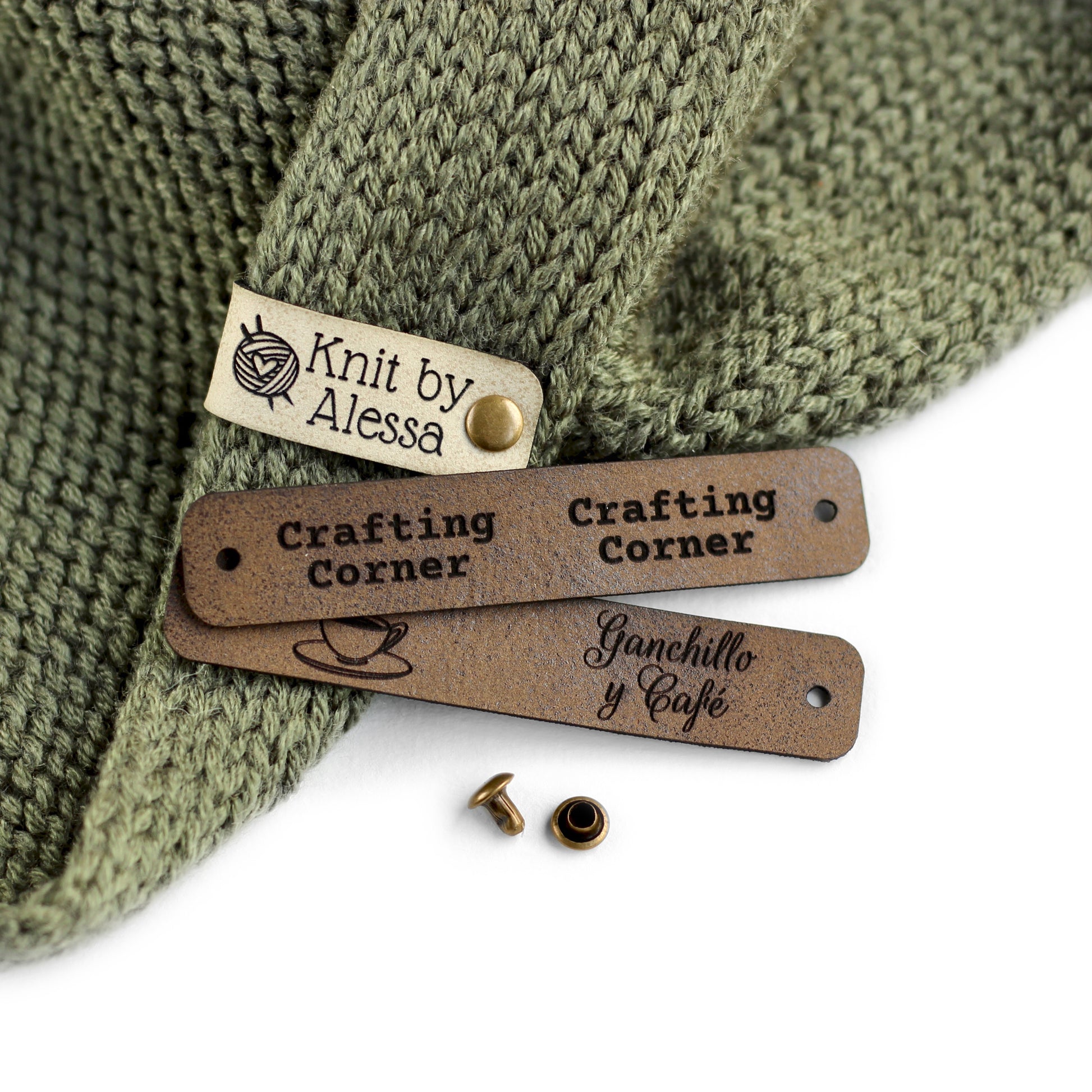 Personalized knitting leather tag in coffee.
