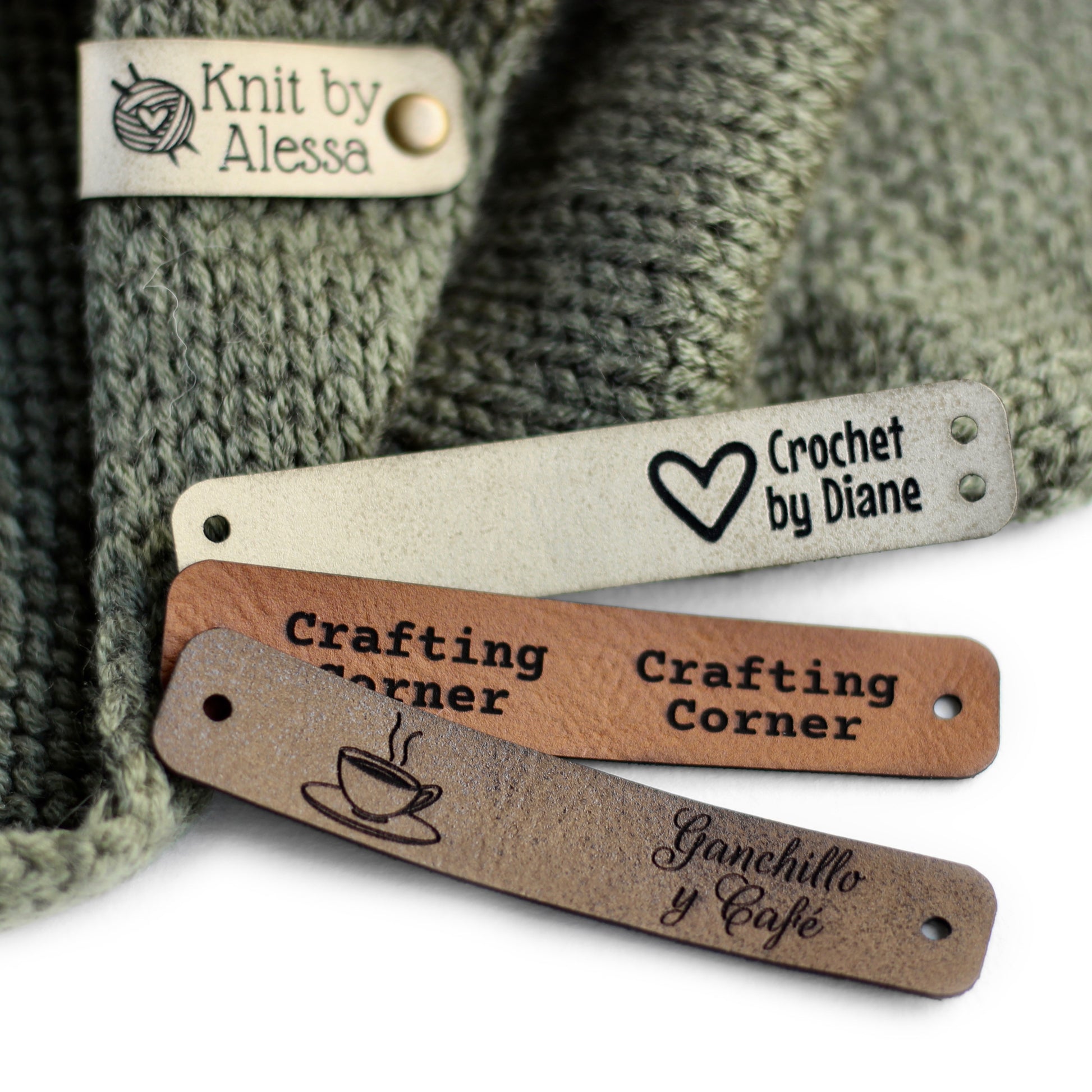 Custom labels for knitting in ivory, brick, and coffee shades.