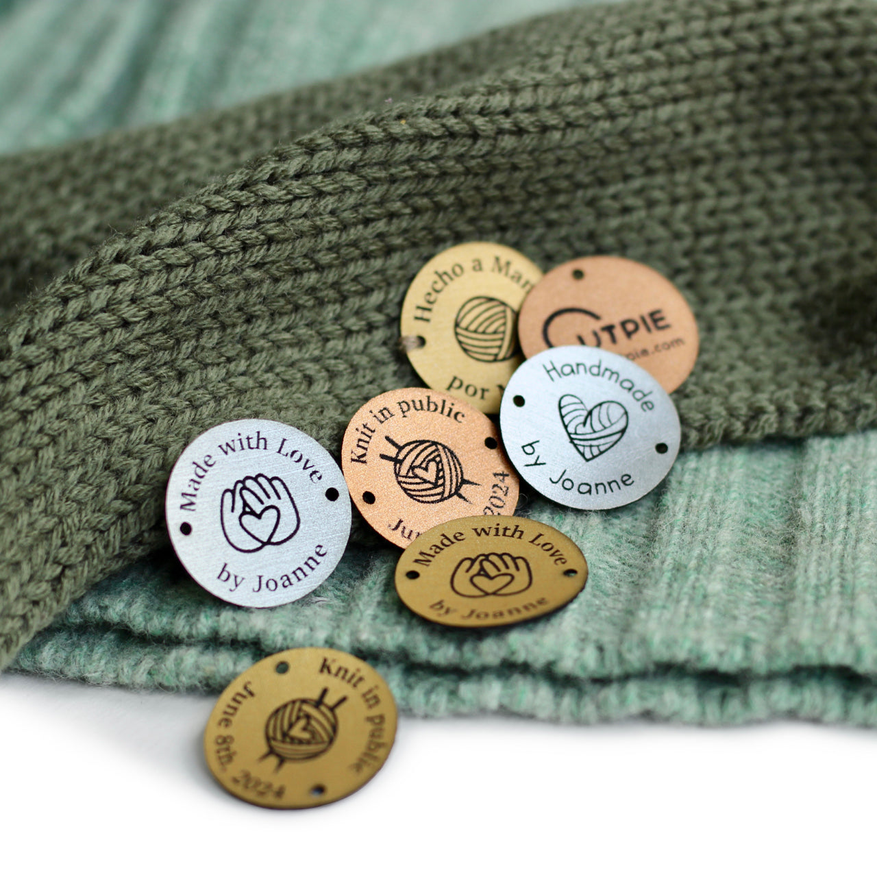 Round custom name or logo tag in metallic colors for crocheted items