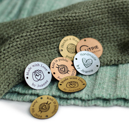 Round custom name or logo tag in metallic colors for crocheted items