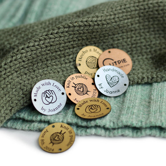 Round custom name or logo tag in metallic colors for crocheted items