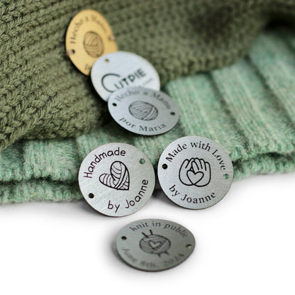 Round custom name or logo tag in silver for clothes and handmade items