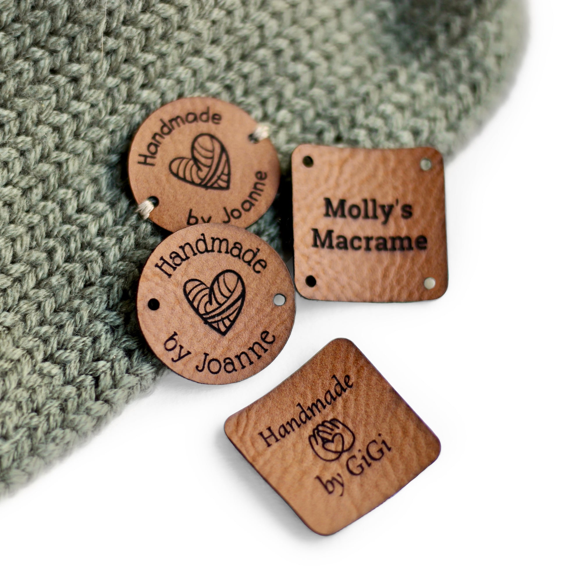 Brick knitting tags for custom names attached to a knitted item.