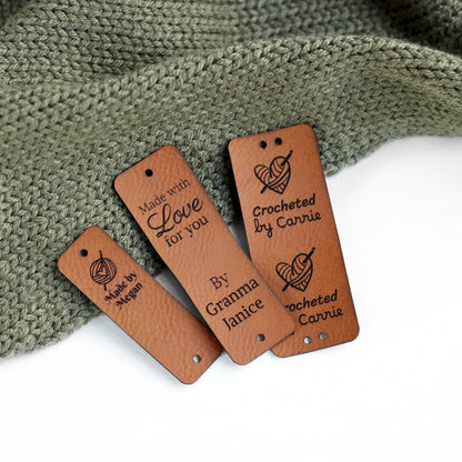 Personalized knitting leather tag in brick.