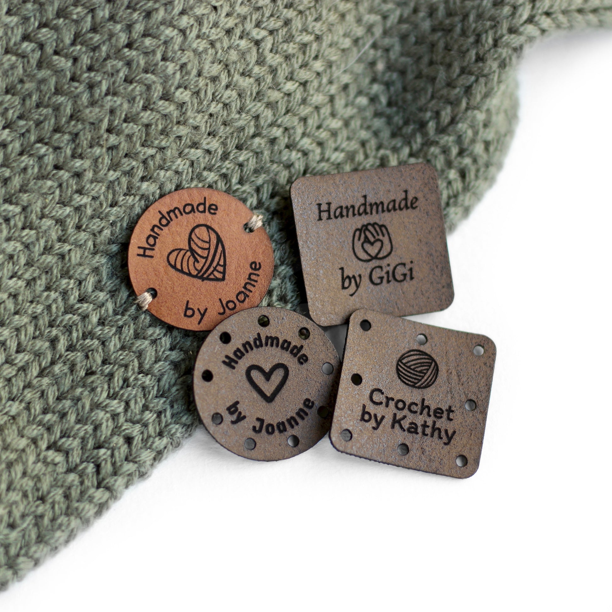 Personalized tags for knits in mixed colors.