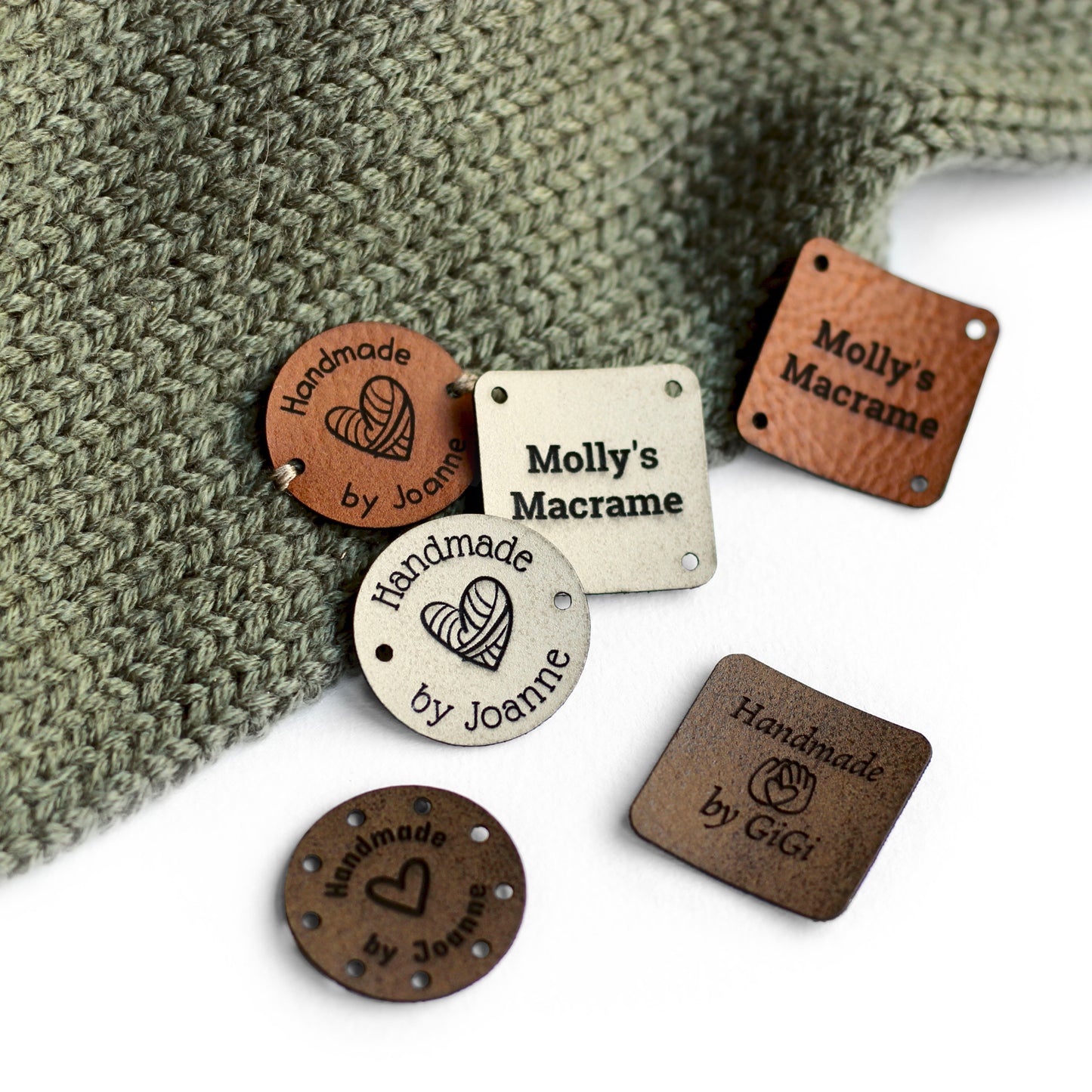 Custom labels for knitting in ivory, brick, and coffee shades.