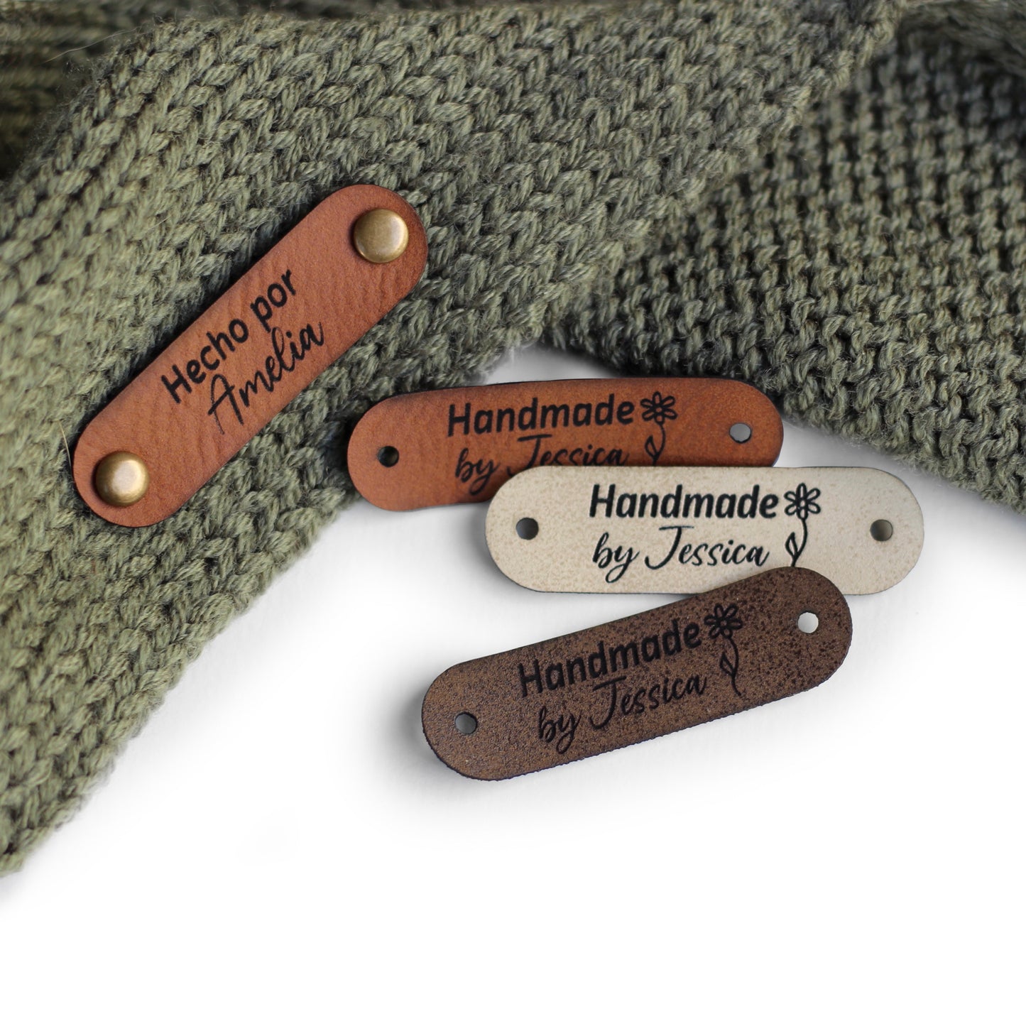 Assorted color tags for knitting, perfect for customization, attached with rivets on both ends.